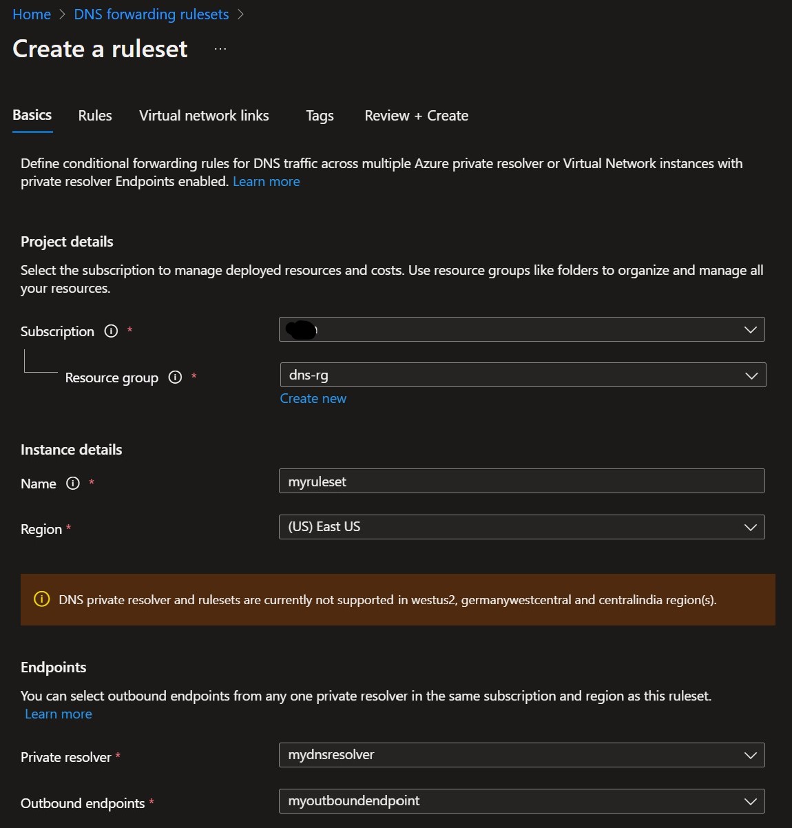 Creating DNS Forwarding Ruleset