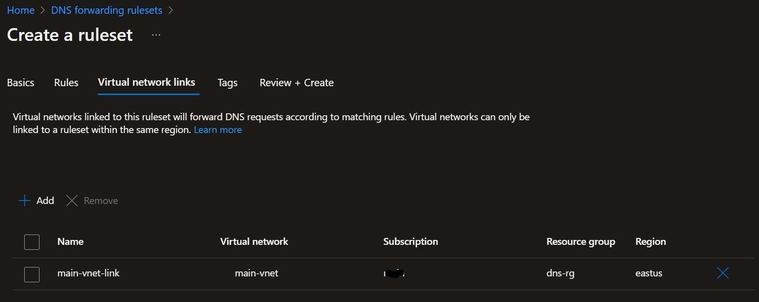 Linking VNet to Ruleset